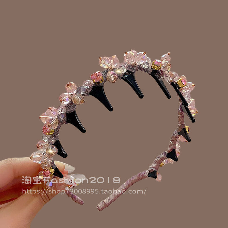 韩版粉色轻奢水晶头箍压发卡年新款小众设计满钻发箍带齿防滑发卡
