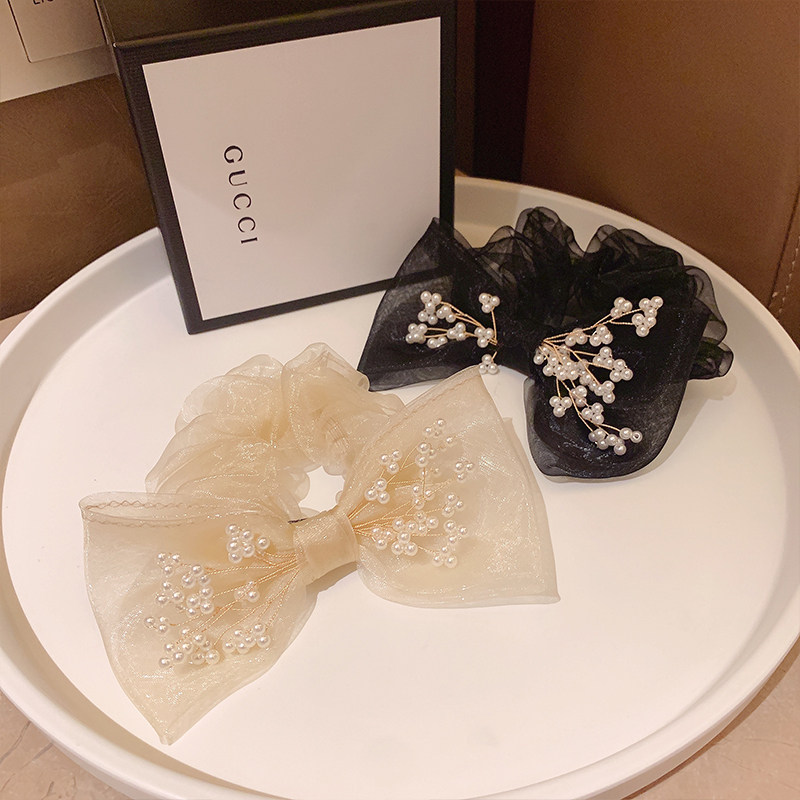 法式高级感小香风欧根纱蝴蝶结大肠发圈发绳女气质珍珠扎头绳发饰