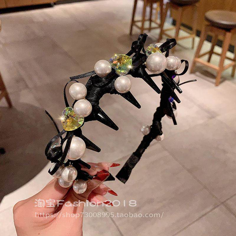 韩国黑色镶钻带齿压发卡洗脸头箍高级感侧边珍珠水晶发箍女发饰品