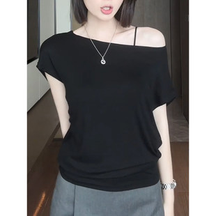轻熟高级感斜肩短袖T恤女夏季新款简约露肩显瘦修身纯色百搭上衣