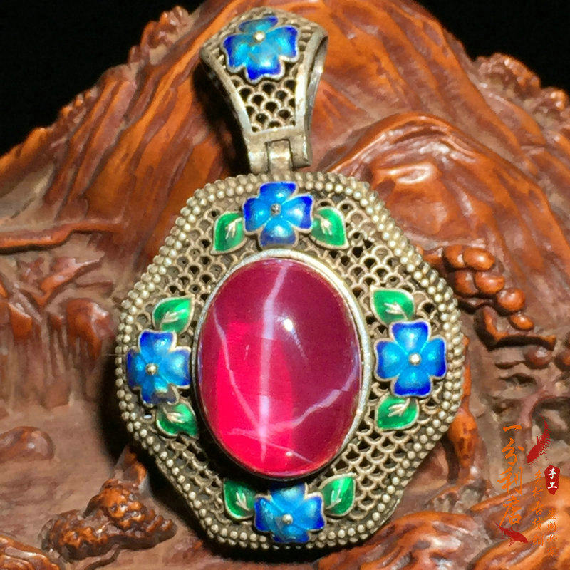 老银景泰蓝吊坠掐丝手工镶嵌星光宝石项链坠百搭民族风银挂件配饰