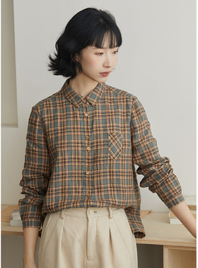 忘城H1026座/从容/冬季14支全亚麻双层正肩显瘦百搭色织格纹衬衫