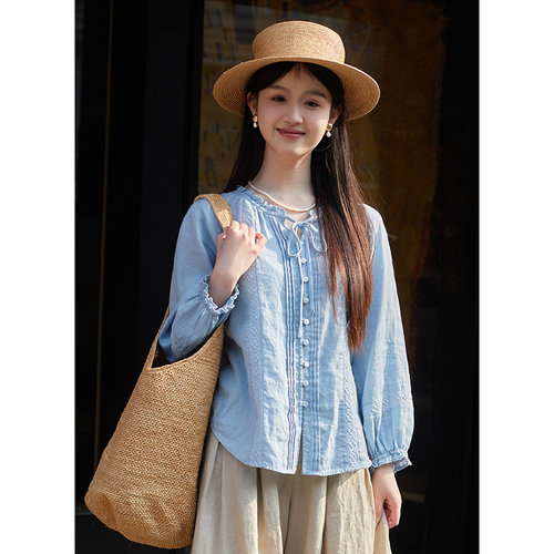 忘城T493座/春季新款14支亚麻文艺休闲百搭长袖衬衫小衫上衣衬衣