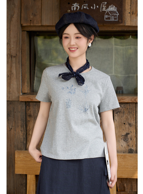 忘城H1606座/夏风轻佛/夏文艺显瘦纯棉短袖印花T恤女圆领上衣t衫