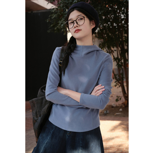 冬季 忘城A1174座 温暖 怀抱 蓝色连帽卫衣女上衣 文艺范百搭修身