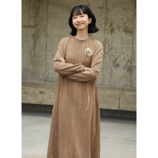 秋冬亚麻棉泥染立领毛边文艺双层连衣裙 幸福 忘城N580座 时光里