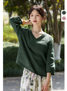 忘城N1014座/那些花儿/26春款21支亚麻V领显瘦T恤七分袖文艺小衫