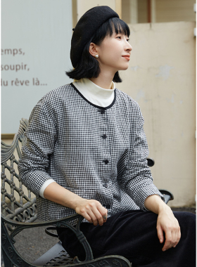 忘城H928座/烟火气/早秋文艺14支色织亚麻双层带里圆领黑白格外套