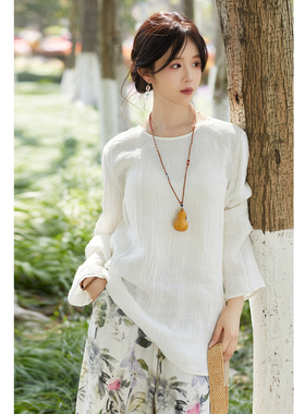 忘城A1246座/月白风清/春新款100%亚麻皱感圆领长袖T恤女小衫上衣