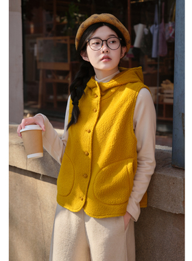 忘城N963座/冬日暖阳/冬季双层摇粒绒马甲小个子无袖连帽外套女