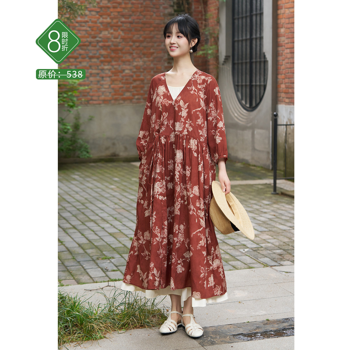 忘城G520座/桃花源/春夏亚麻天丝中式禅意复古连衣裙女V领七分袖
