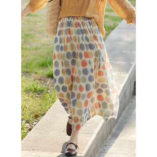 春季 欢喜 42支苎麻水彩感波点印花文艺半身裙女 轻盈 忘城Y672座