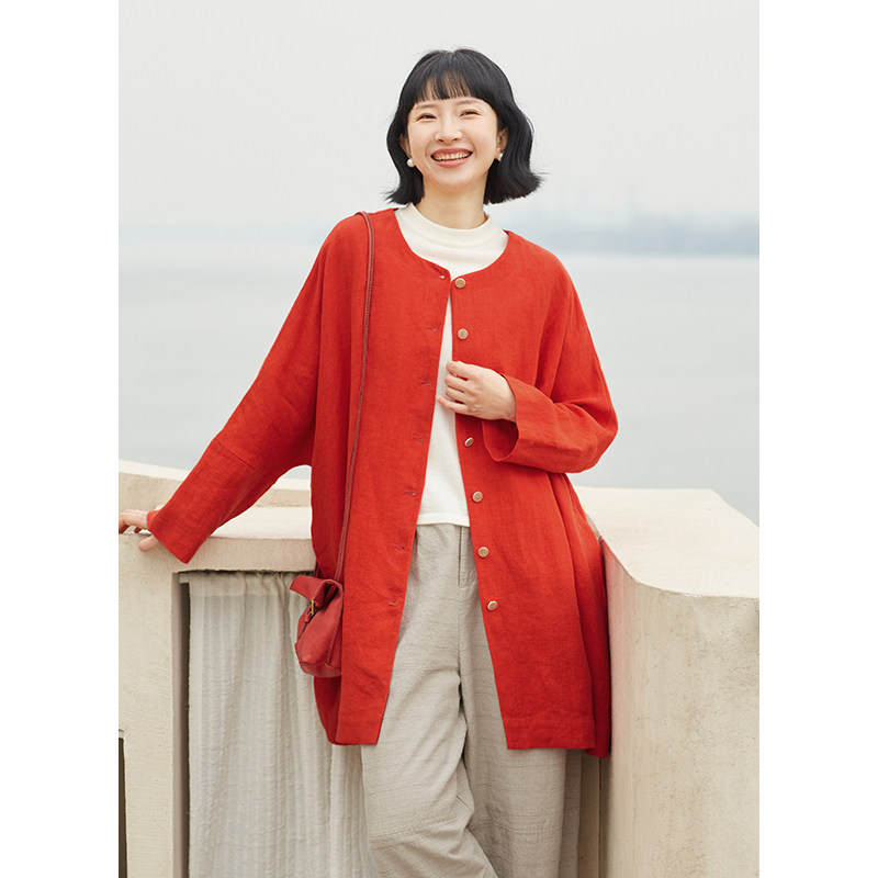 忘城A456座/春潮/24早春新品9支砂洗亚麻垂顺圆领中长风衣外套女