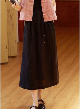 忘城H824座/水墨含烟/夏天丝亚麻混纺复古百搭黑色小a直筒半身裙