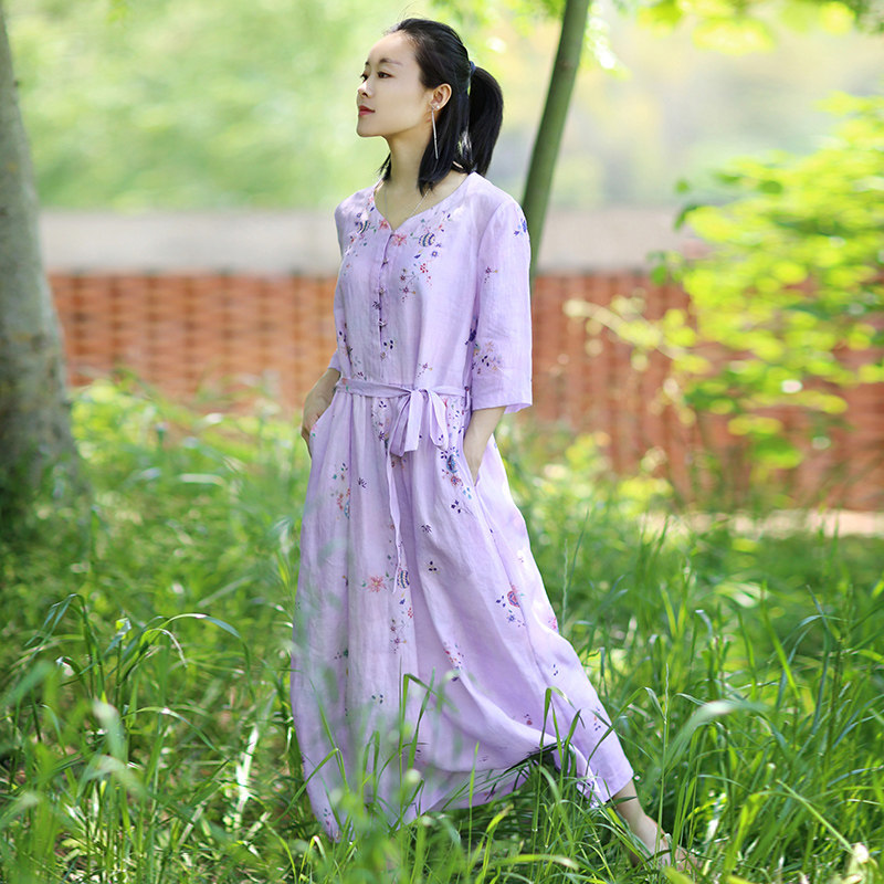 Forget the city 8458 2020 new womens summer pink purple V-neck printed ramie dress high-end