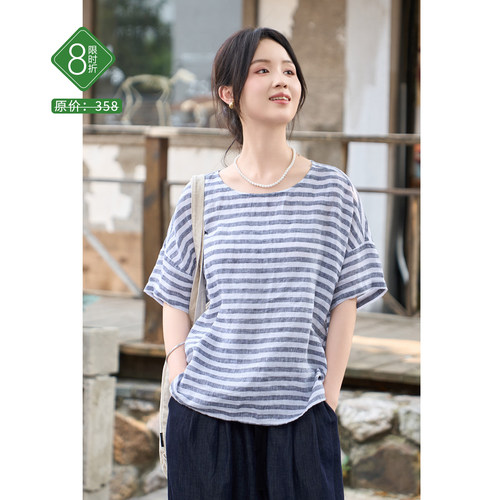 夏季21支色织亚麻短袖文艺小衫女
