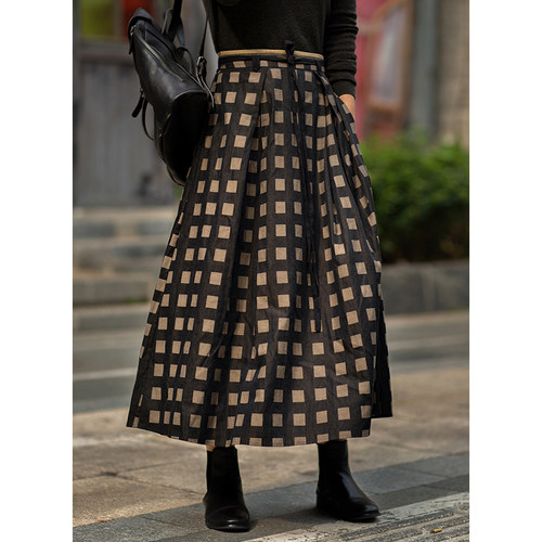 忘城中长裙文艺格子半身裙