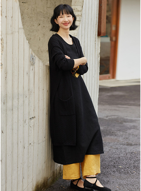 忘城A454座/星星的沉默/24早春新品亚麻混纺中长款黑色针织开衫女