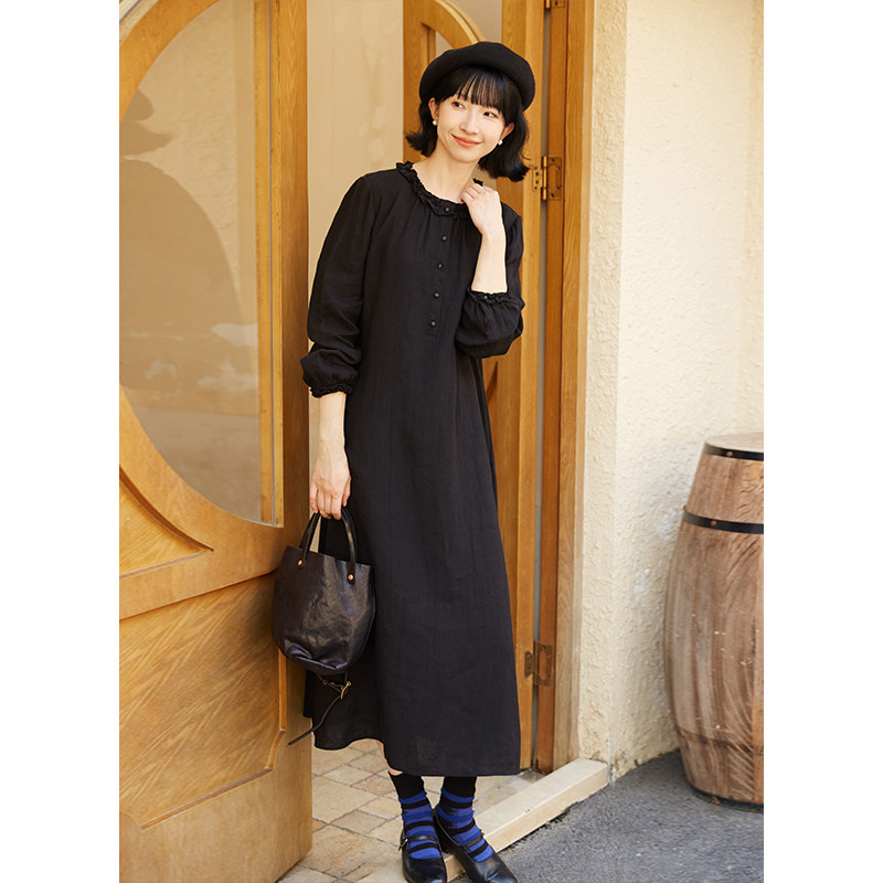 文艺复古全亚麻纯色连衣裙