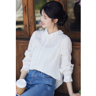 忘城T594座/时光絮语/秋款21支亚麻白色法式复古花边领衬衫正肩女