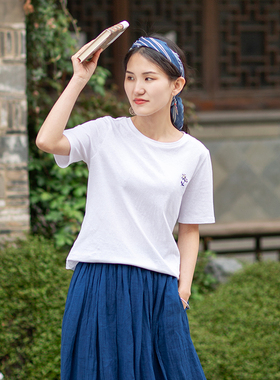 忘城T206座/告白气球/2023夏季新款亚麻棉白色绣花简约亲肤T恤