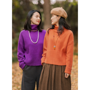 毛衣 2022冬高领全羊毛加厚保暖短款 忘城M1074座 葡萄紫和南瓜橙