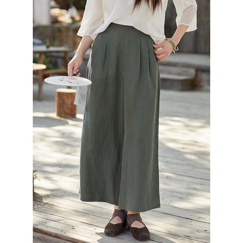 忘城A944座/绿畔夏日长/夏莱赛尔亚麻宽松显瘦直筒阔腿裤腰节盘扣