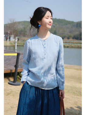 忘城A1218座/晴空/26春款21支砂洗亚麻蓝色小衫文艺女装宽松衬衫