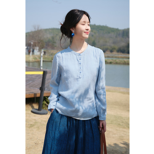 春款21支砂洗亚麻蓝色小衫女文艺