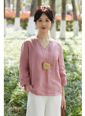 忘城N1015座/那些花儿/26春款21支亚麻V领显瘦T恤七分袖文艺小衫
