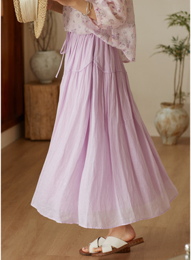 忘城H876座/紫烟缭绕/夏季新款100支轻薄苎麻烟紫色显瘦A字半身裙