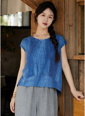 忘城N782座/蓝色梦境/夏新款14支亚麻脏染圆领小飞袖文艺T恤小衫