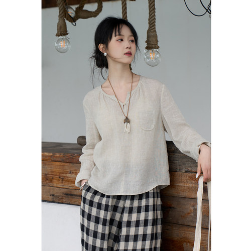 忘城N1042座/去远方/夏季21支干洗亚麻文艺小衫显瘦防晒衬衫上衣
