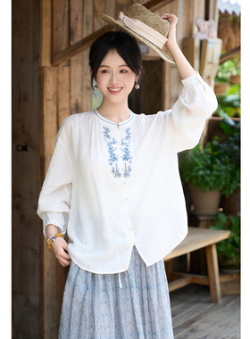 忘城S1001座/青花谣/夏款42支苎麻天丝中式白色绣花衬衫防晒小衫