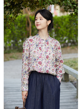 忘城N1038座/春的万花筒/春款21支亚麻复古印花小衫立领花边衬衫
