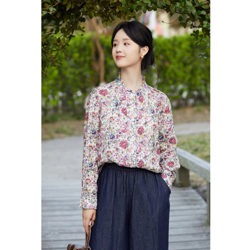 忘城21支亚麻复古印花小衫花边领