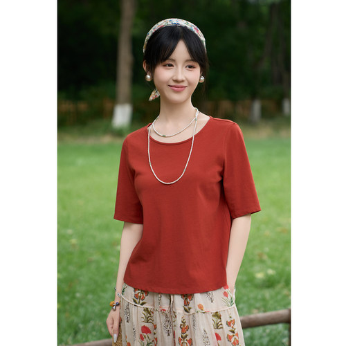 薄款全棉圆领正肩短袖T恤女透气