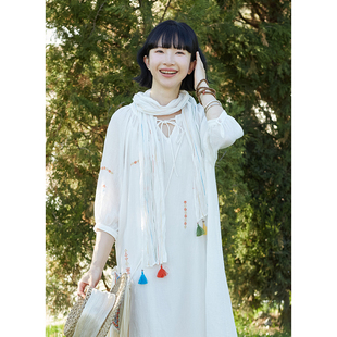 忘城Y394座 春夏全苎麻民族风轻薄透气百搭白色苎麻围巾 初夏彩虹