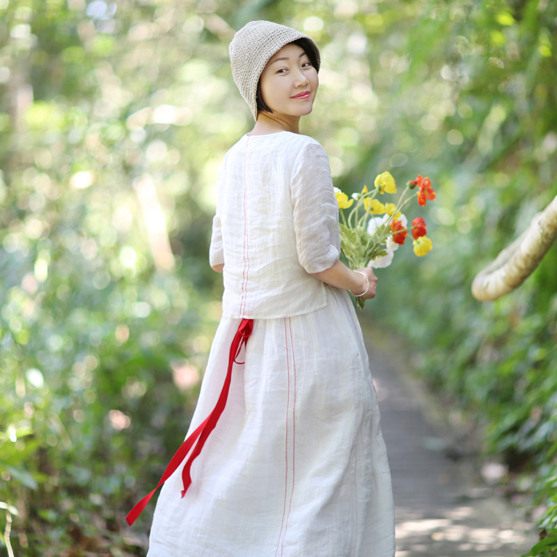 忘城8065座/春夏新品苎麻文艺清新范白色抽绳连衣裙女