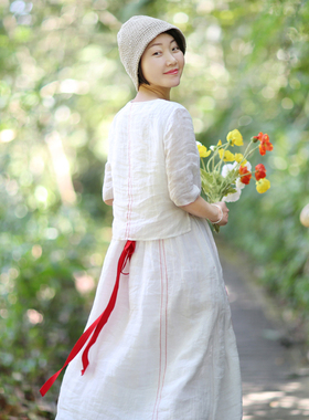 忘城8065座/春夏新品苎麻文艺清新范白色抽绳连衣裙女