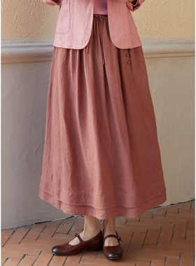 忘城N671座/蔷薇契约/春季21支干洗亚麻绛红色双层下摆a字半身裙