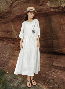 忘城Y228座/荷风悠悠/2023夏季新款21支苎麻白色简约印花连衣裙