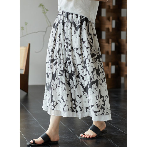 忘城H1261座/墨韵花影/夏新款42支苎麻天丝半裙黑白印花a字半身裙