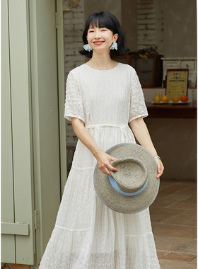 忘城Y483座/泡泡裙/2024夏全苎麻白色不规则拼接蛋糕裙摆连衣裙女