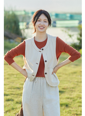 忘城N850座/原境/秋季新款纯棉做旧毛边复古百搭显瘦马甲外套上衣