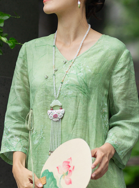 忘城Q091座/小荷初上/原创设计手工苏绣吊坠玛瑙项链国风款