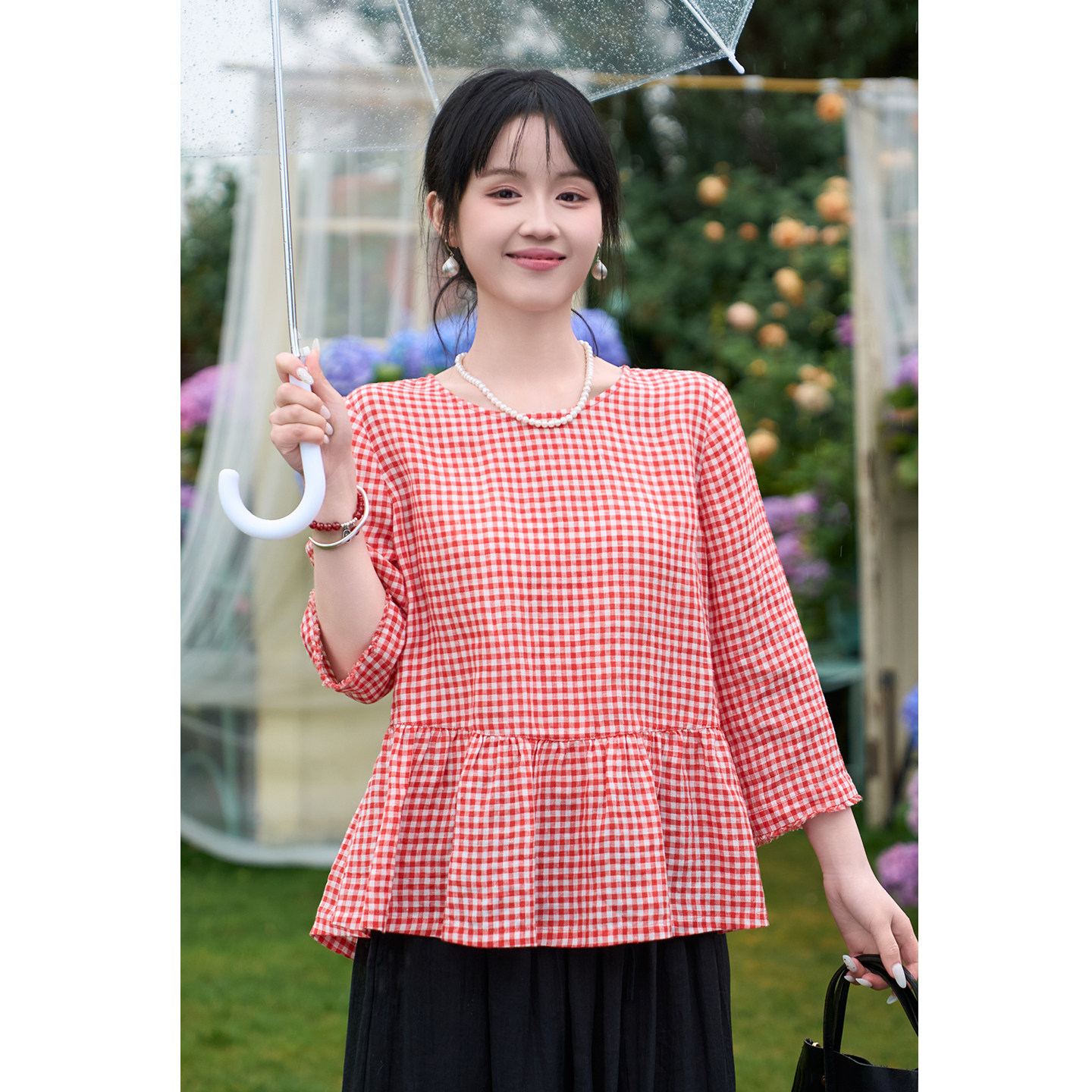忘城H1587座/浅夏樱桃/夏季21支色织亚麻格子小衫圆领七分袖上衣