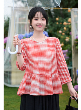 忘城H1587座/浅夏樱桃/夏季21支色织亚麻格子小衫圆领七分袖上衣