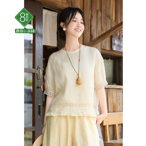 夏季17支亚麻文艺花边短袖小衫女