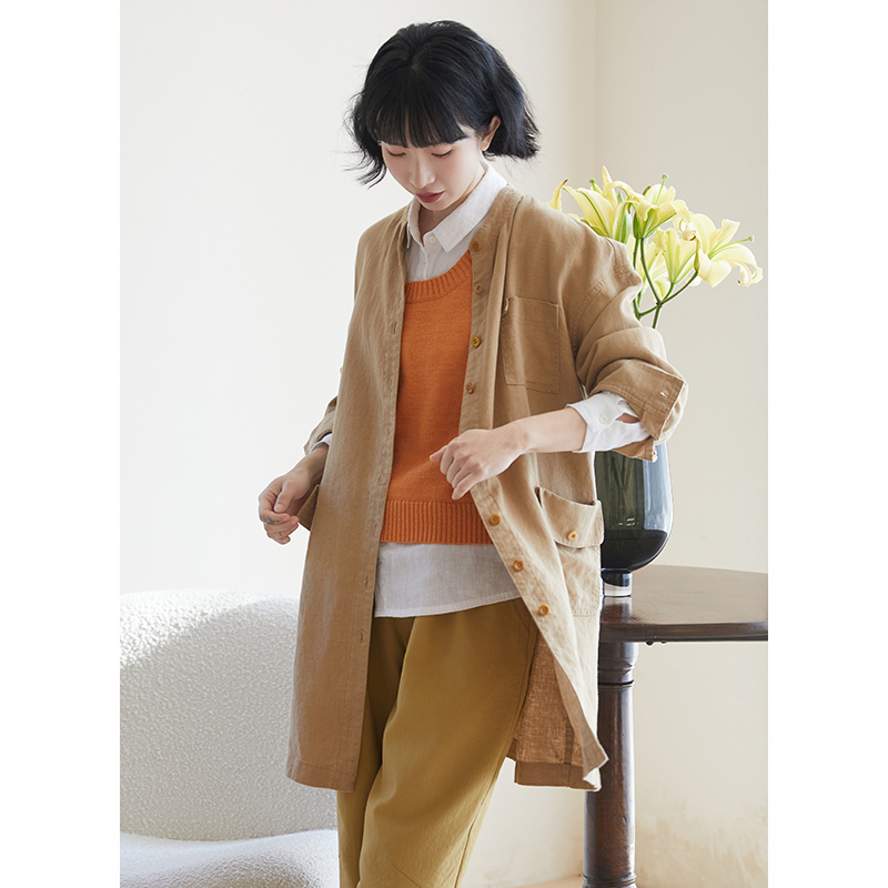 忘城A830座/野趣/重工酵洗6支亚麻立领风衣中长款落肩袖长外套女